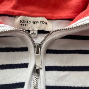 large women’s blue strip and orange pullover